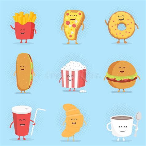 Set Of Cute Cartoon Fast Food Characters Stock Vector