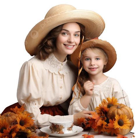 Happy Thanksgiving Day Mother And Daughter Sitting Fall Foliage