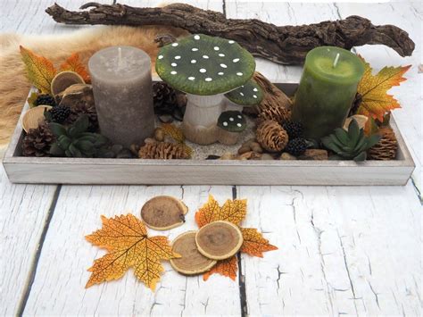 Tablett Herbst Herbstdeko Tischdeko Deko Kerze Pilz Gr N Braun Holz