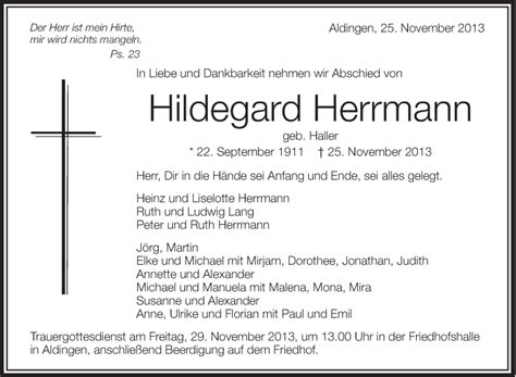 Traueranzeigen Von Hildegard Herrmann Schwaebische De Trauerportal My