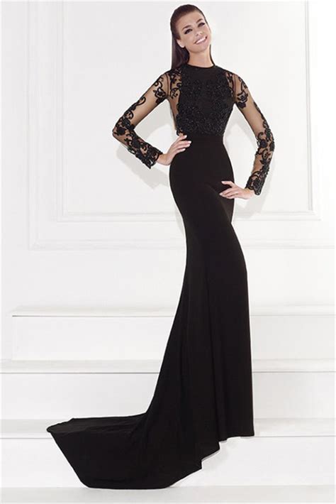 sheath high neck black satin lace long sleeve evening dress with train