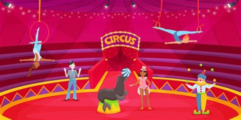 Artistas De Circo De Dibujos Animados En Arena Payaso Acróbata