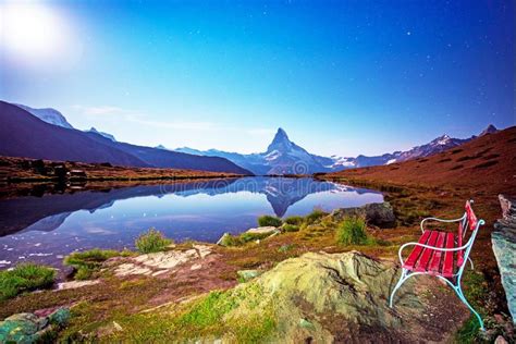 Fascinating Landscape With Bench Near The Lake At Star Night With Moon