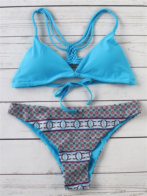 Turquoise Printed Strappy Back Triangle Bikini Set Bikinis Triangle