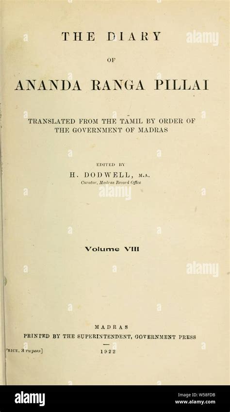 The Diary Of Ananda Ranga Pillai Anantarankam Pillai 1709 1761 Stock