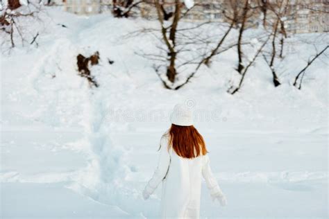 Beautiful Woman Winter Weather Snow Posing Nature Rest Travel Stock Photo Image Of Rear