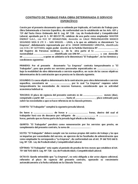 Contrato De Trabajo Para Obra Determinada O Servicio Espercífico Pdf