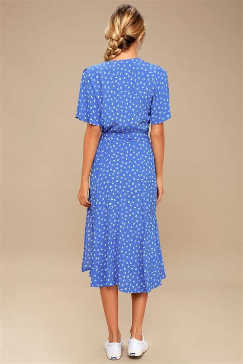 Maretta Blue And White Floral Print Wrap Midi Dress Mini Dress With
