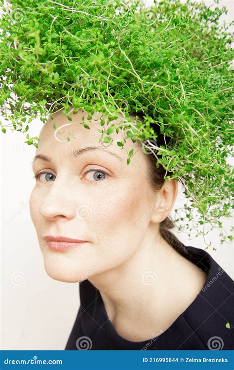 Beauty Spring Woman With Fresh Green Thyme Hair Summer Nature Girl
