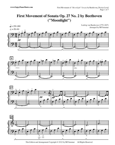 Piano sonata quot moonlight sonata quot no 14 1st mvt op 27. Moonlight Sonata Easy Sheet Music | Free Sheet Music for ...