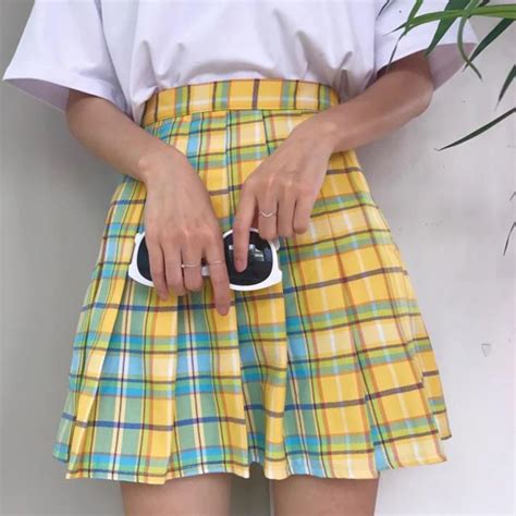 Harajuku Plaid Pleated Skirt High Waist Casual Rainbow A Line Skirt Cute Korean Uniform Female