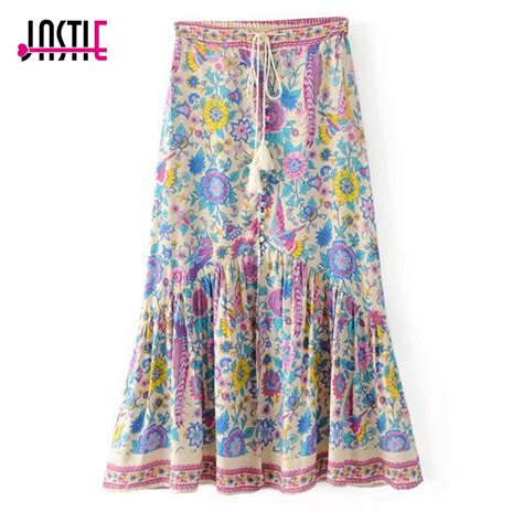 Jastie Vintage Floral Love Bird Print Women Skirt Gypsy Boho Chic Beach