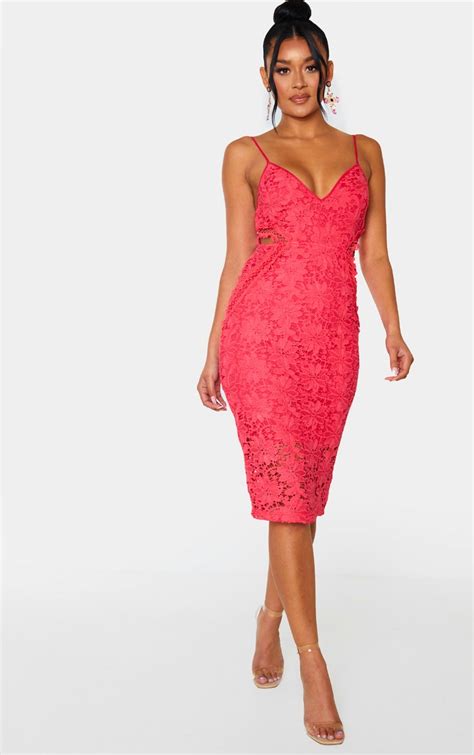 Hot Pink Lace Strappy Cut Out Midi Dress Prettylittlething Qa