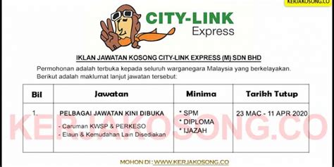 The company's line of business includes providing air delivery of individually addressed letters, parcels, and packages. Jawatan Kosong City-Link Express (M) Sdn Bhd