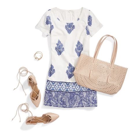 Navy And White A Line Dress Nude Lace Up Flats Bag To Match Stitch