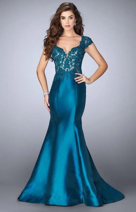 La Femme 23960 Mikado Mermaid With Lace Cap Sleeve Bodice And Open