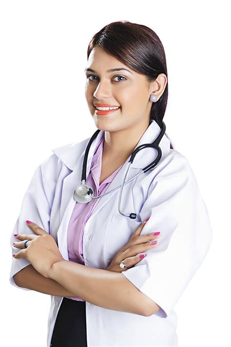 Indian Woman Doctor With Stethoscope Standing With Arms Crossed On