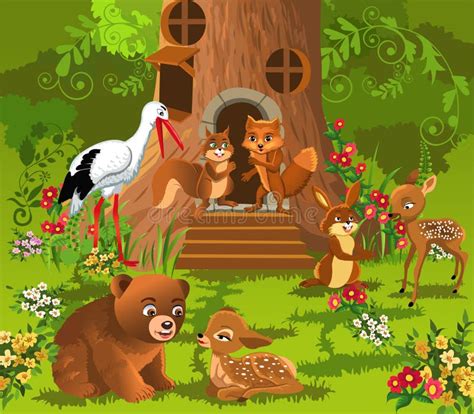 Forest Animals Living In The Tree House Stock Vector Illustration