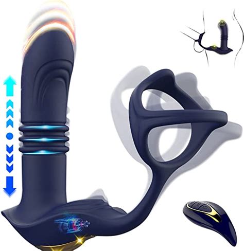 thrusting vibrators prostate massager with dual cock ring silicone butt plug 3 thrusting modes