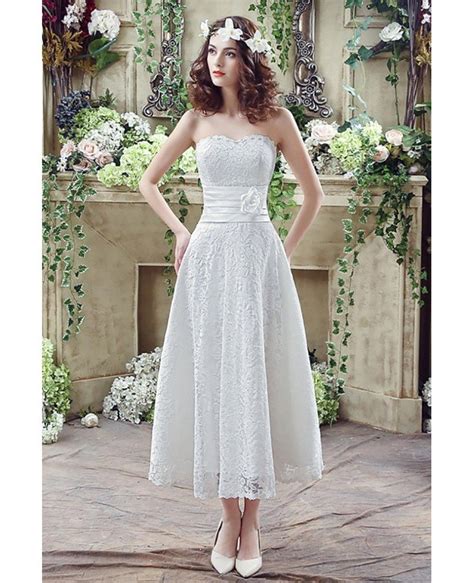 Strapless Light Lace Beach Wedding Dress Tea Length For Summer H76027