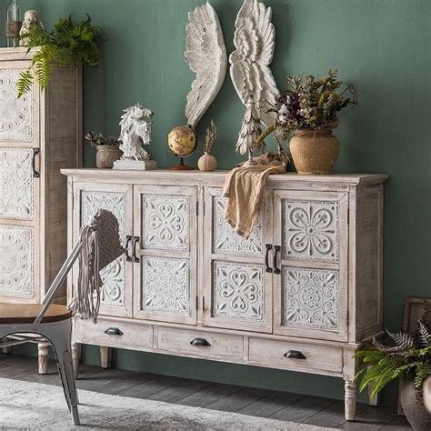 Farmhouse Distressed White Sideboard Buffet Artistic Surface With