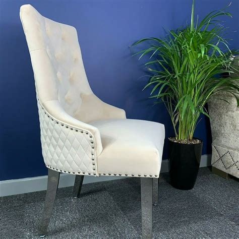 Crushed velvet dining chair w/ ring knocker high back chairs stud tufted 2/4 pcs. Camilla Mink Velvet And Chrome Dining Chair With Lion Ring ...