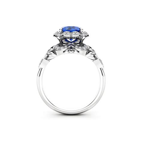 Blue Sapphire Engagement Ring Halo Ring 14k White Gold Ring Etsy