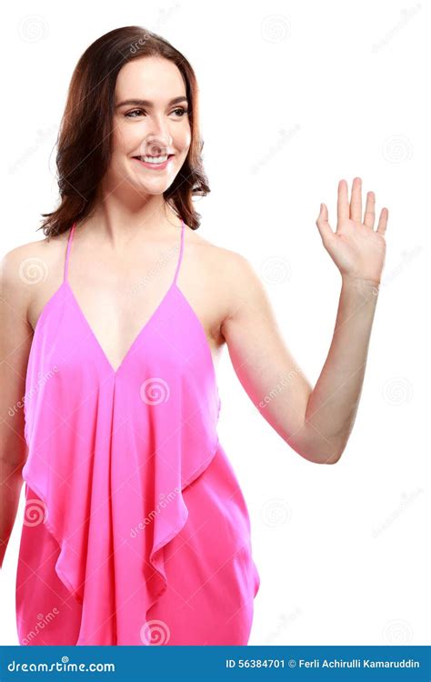 Beautiful Woman Smiling And Waving Her Hand Stock Image Image Of