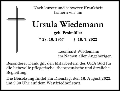 Traueranzeigen Von Ursula Wiedemann Augsburger Allgemeine Zeitung