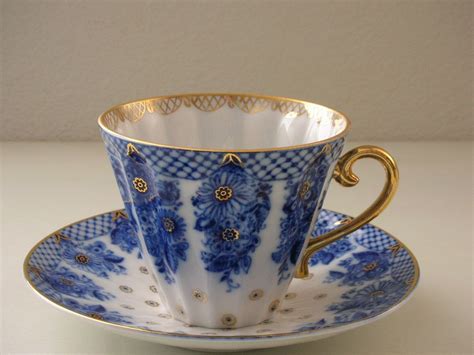 Lomonosov Porcelain Blue Gold Floral Cup And Saucer Set Fluted Etsy