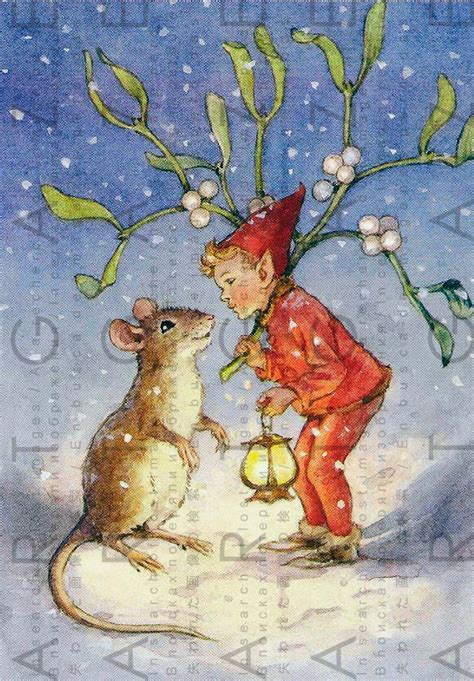 Lovely Elf And Mouse Under Mistletoe Vintage Christmas Etsy In 2021