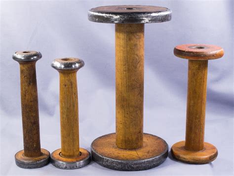 4 Antique Wooden Spools Textile Bobbins Spindles Weaving Sewing