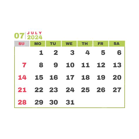 Dise O De Calendario Mensual De Julio De Vector Png Julio De