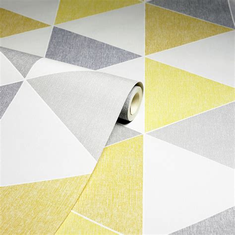 Arthouse Retro Geometric Linen Effect Scandi Triangle Yellow Grey Wallpaper