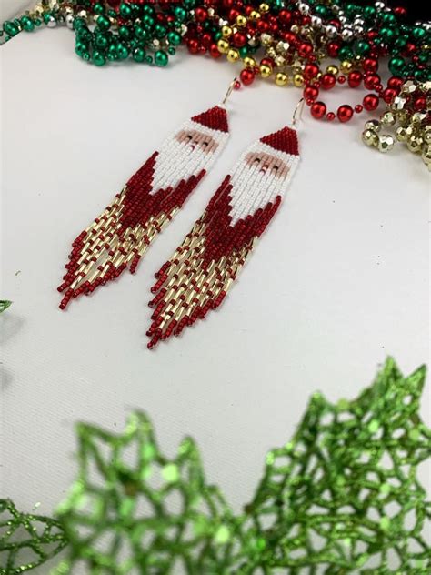 Santa Seed Beaded Earrings Long Christmas Earrings Gold And Red Xmas