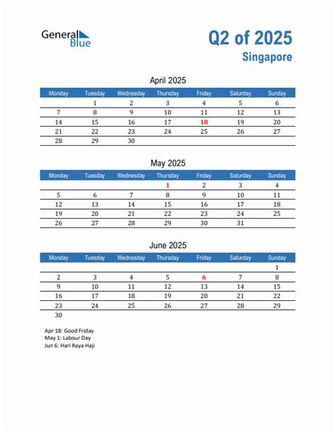 Three Month Calendar For Singapore Q2 Of 2025