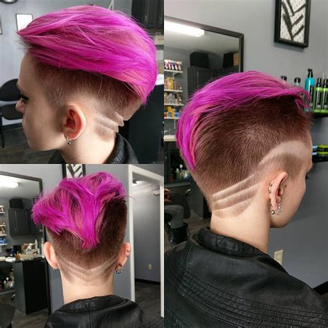 Bright Pink Backcombed Undercut Pixie With Rose Highlights And Shaved