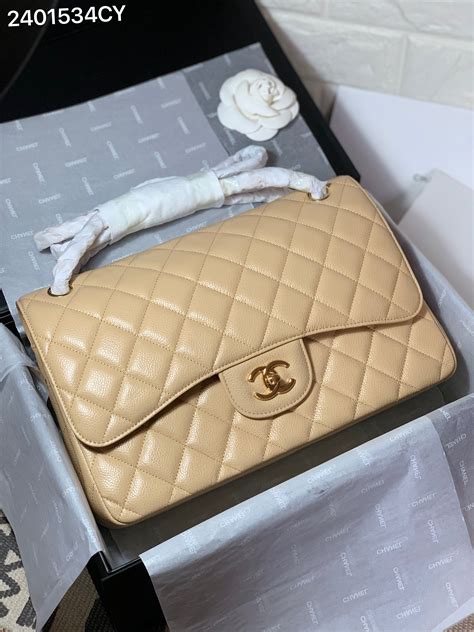 Chanel Classic Flap Cf30 Chain Shoulder Bag Caviar Beige Top Jumbo Size