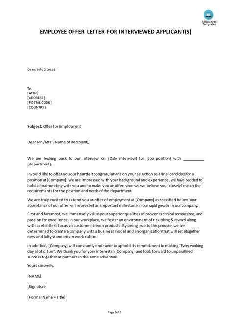 Offer Letter For New Employee Template