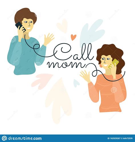 Call Mom Illustration Mother And Daughter Talking On Mobile Phone