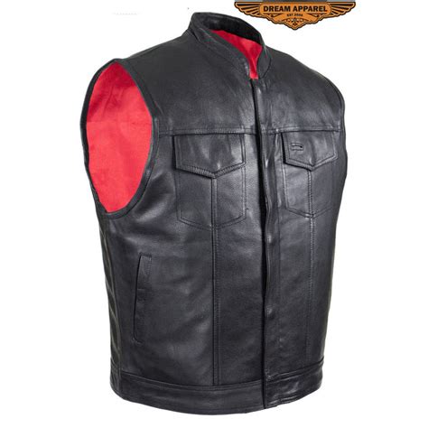 Mens Leather Motorcycle Club Vest With Pockets Bands Motorcycle Store
