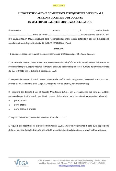 Fac Simile Per Autocertificazione Dei Requisiti Per Lo Svolgimento