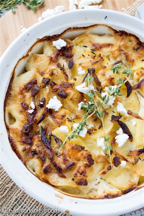 Yukon gold potatoes are layered with the goat cheese and a gruyere béchamel. Goat Cheese Scalloped Potatoes - Fashionable Foods