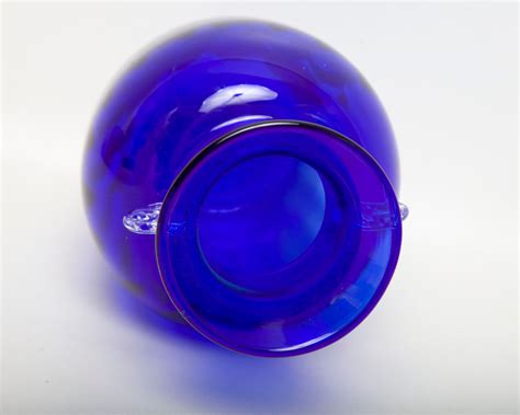 Vintage Blenko Cobalt Blue Glass Urn Flower Vase Applied Etsy
