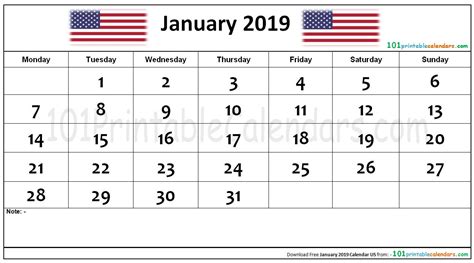 January 2019 Calendar Us 2019 Calendar Calendar Printables