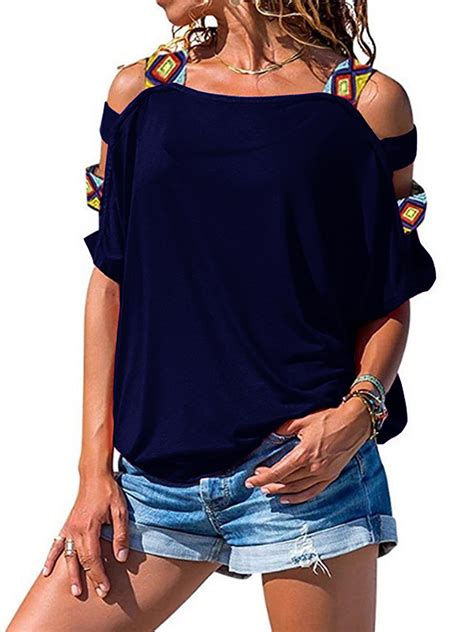 Summer Women Casual Off Shoulder Loose Blouse Plain Tops T Shirt Cutout