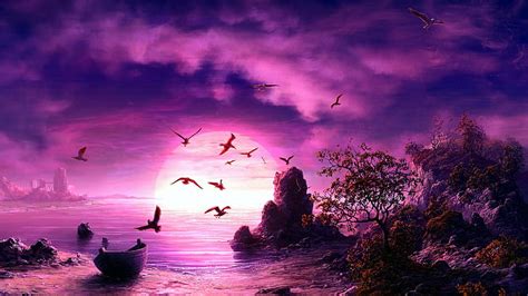 Hd Wallpaper Purple Landscape Fantasy Art Moon Boat Birds Fantasy
