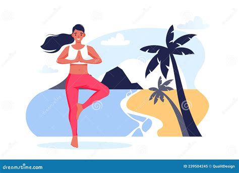 Woman Stands In A Tree Pose On Sea Beach Outdoor Yoga Exercise