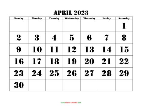 Free Download Printable April 2023 Calendar Large Font Design
