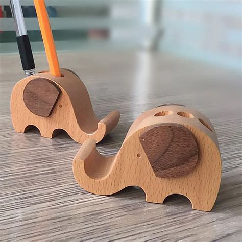 Elephant Style Environmental Wooden Mobile Phone Holders For Desk Pen